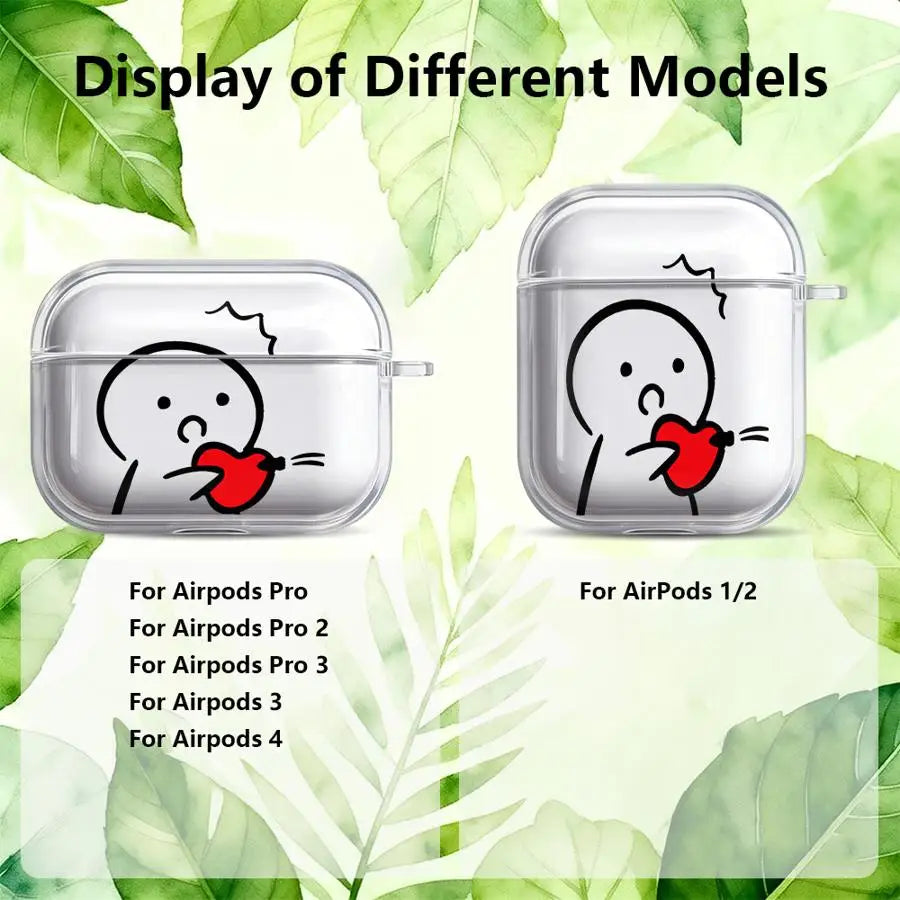 Clear cases for AirPods Pro, 3, 4 and 1/2 featuring a cartoon character kissing a red heart.