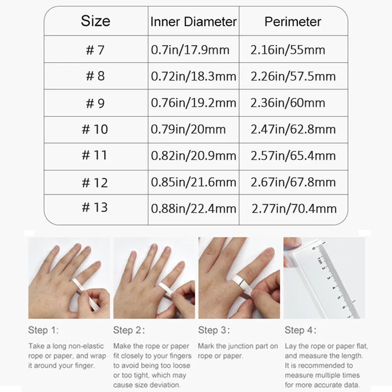 Size guide for health fitness ring showing a conversion table and four-step visual instructions for measuring finger size.