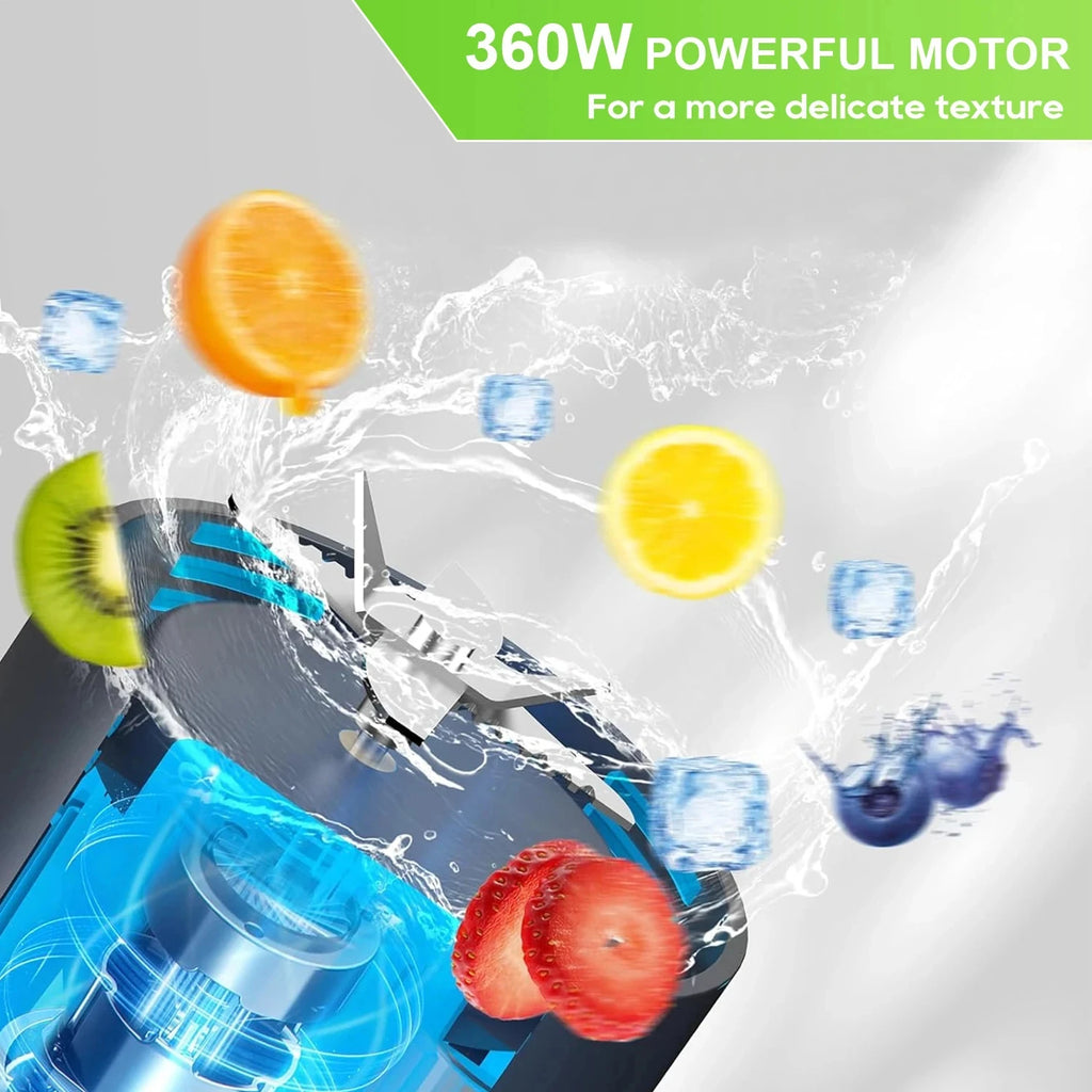 A black blender with a powerful 360W motor and sharp blades, surrounded by splashes of water, fruit, and ice cubes.