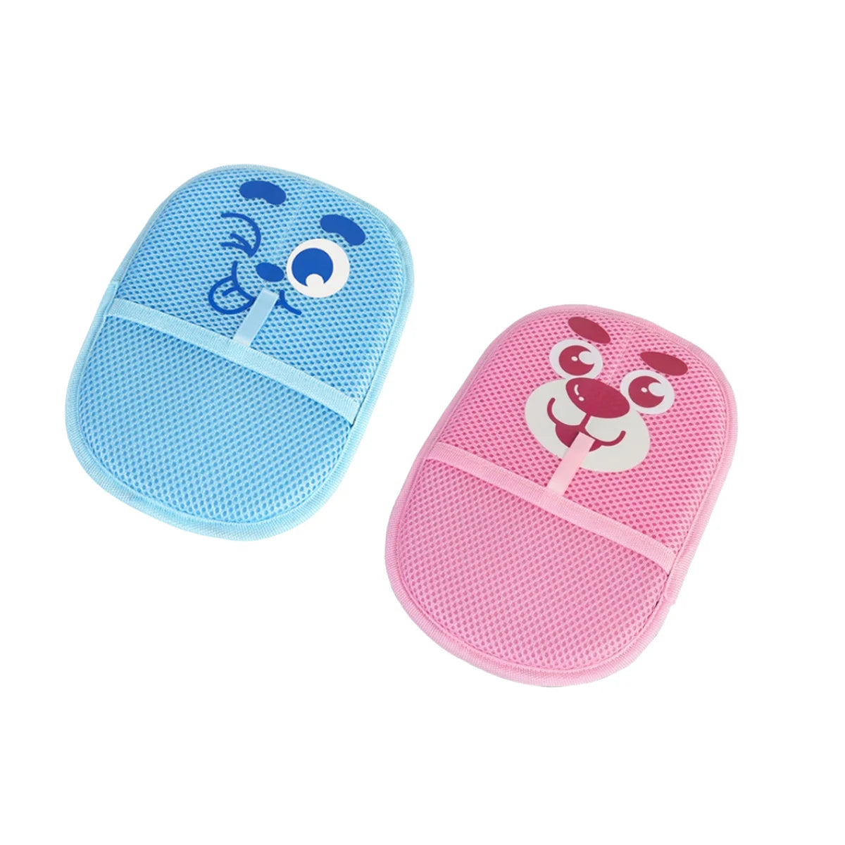 Two mesh bath sponges in blue and pink, each featuring a cute cartoon character face design.