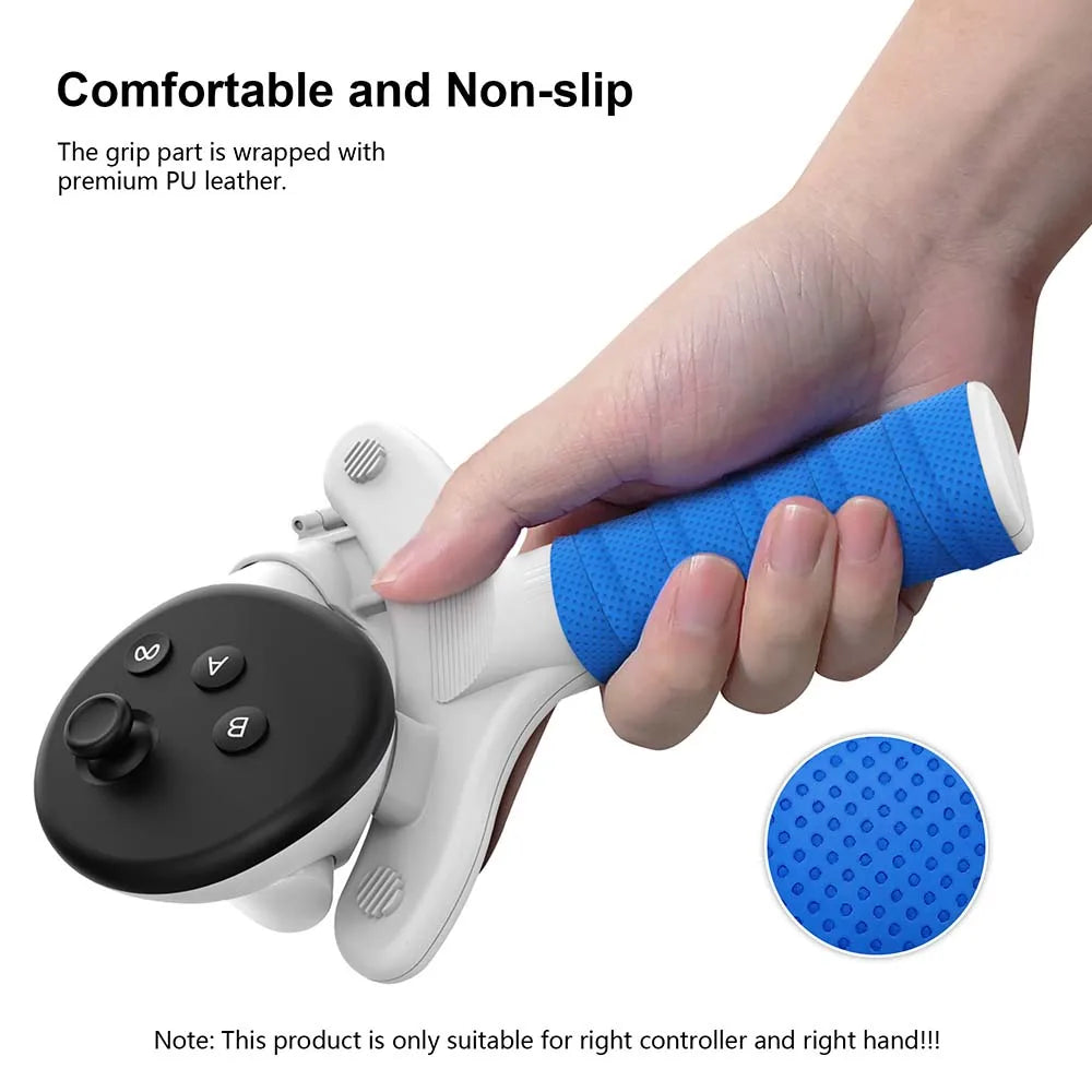 AMVR table tennis paddle adapter for Quest 3 in white and black, held in a hand with a textured blue PU leather grip.
