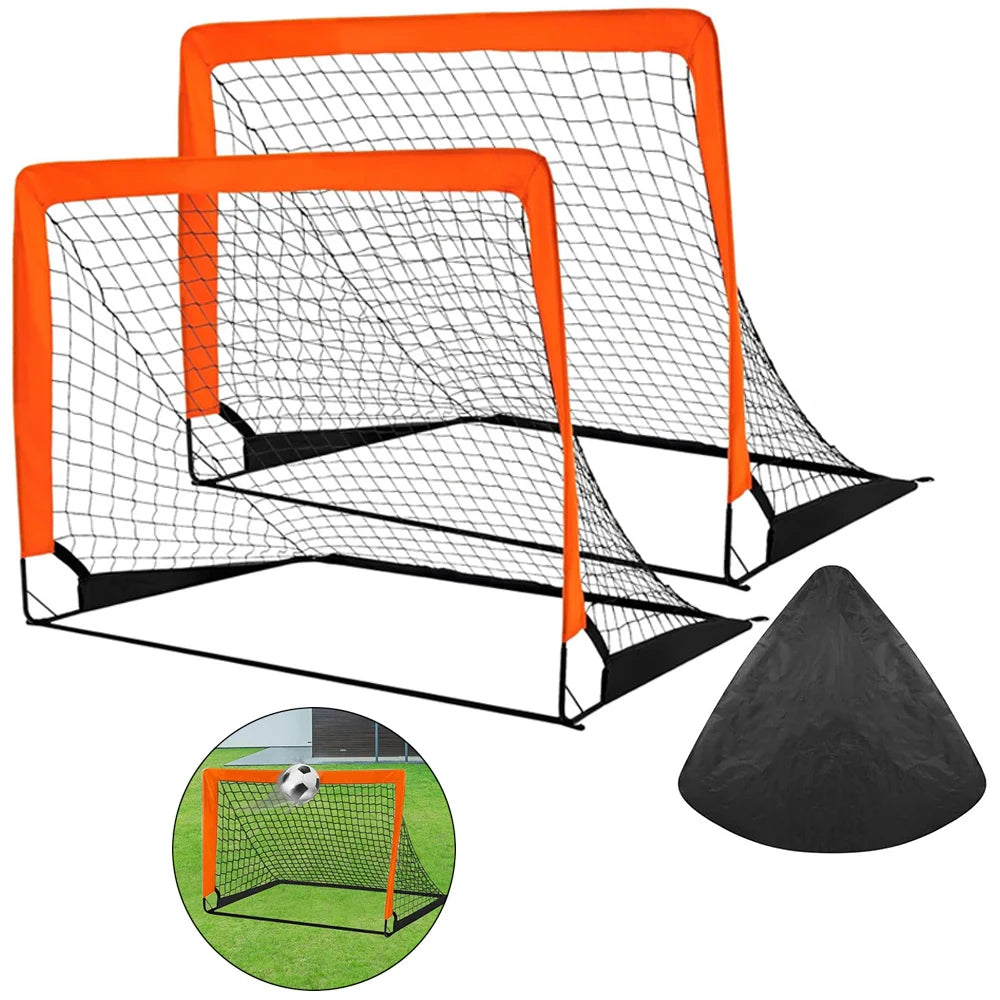 Two orange and black portable football goals with a black storage bag and inset image of goal in use on grass.