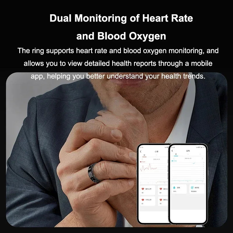 Sleek black smart health tracker ring on a finger, showing heart rate and blood oxygen data on a mobile app screen.