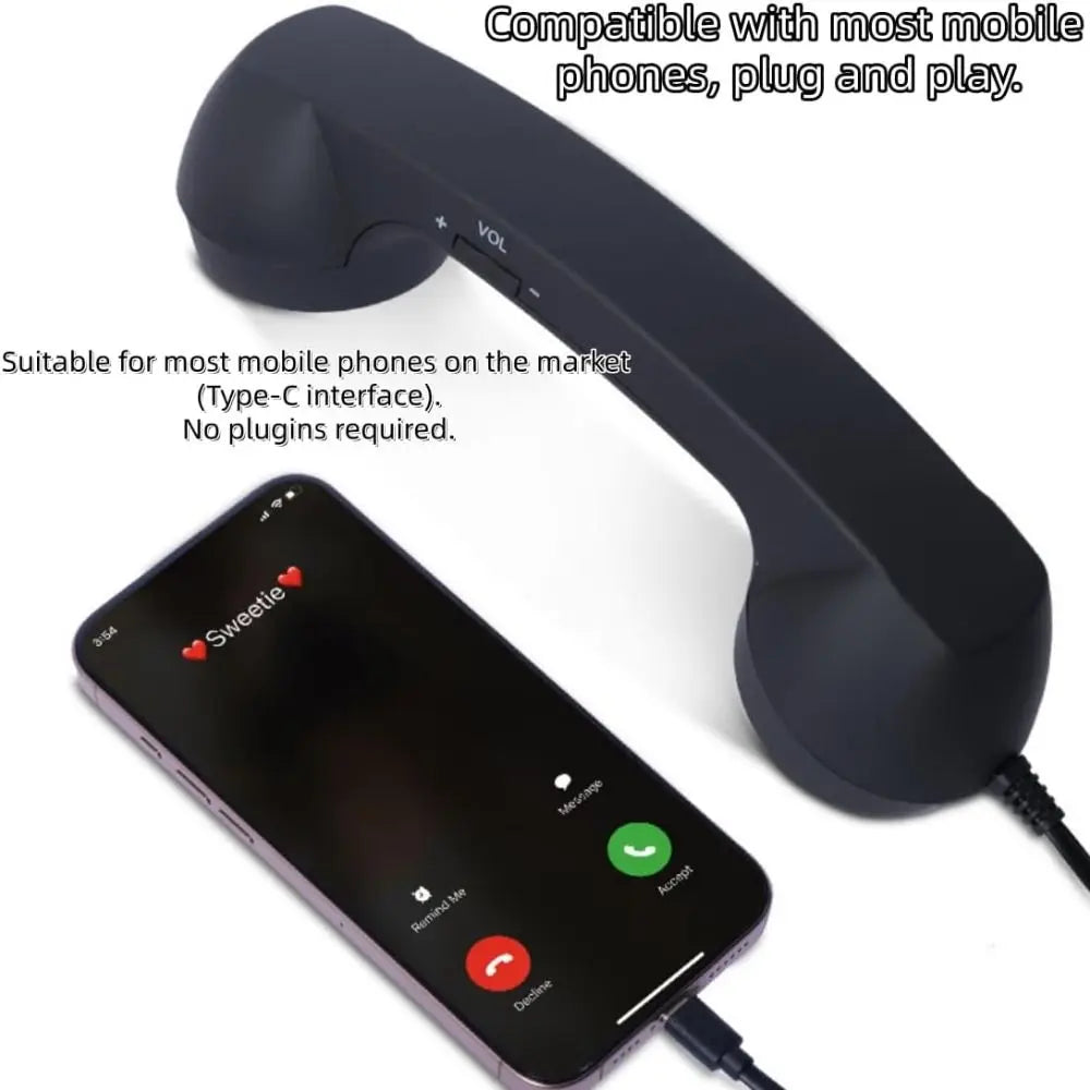 Matte black retro-style telephone handset with volume control, connecting via Type-C to a smartphone.