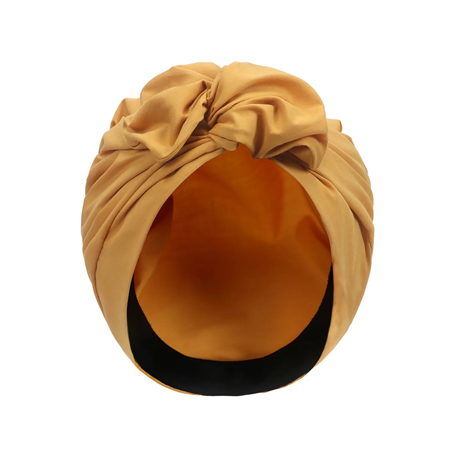Mustard yellow vintage-style turban hat with a knotted front detail and soft, pleated fabric.