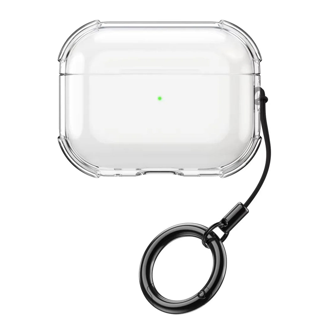 Clear, shock-resistant protective case for AirPods Pro with a detachable black ring keychain.