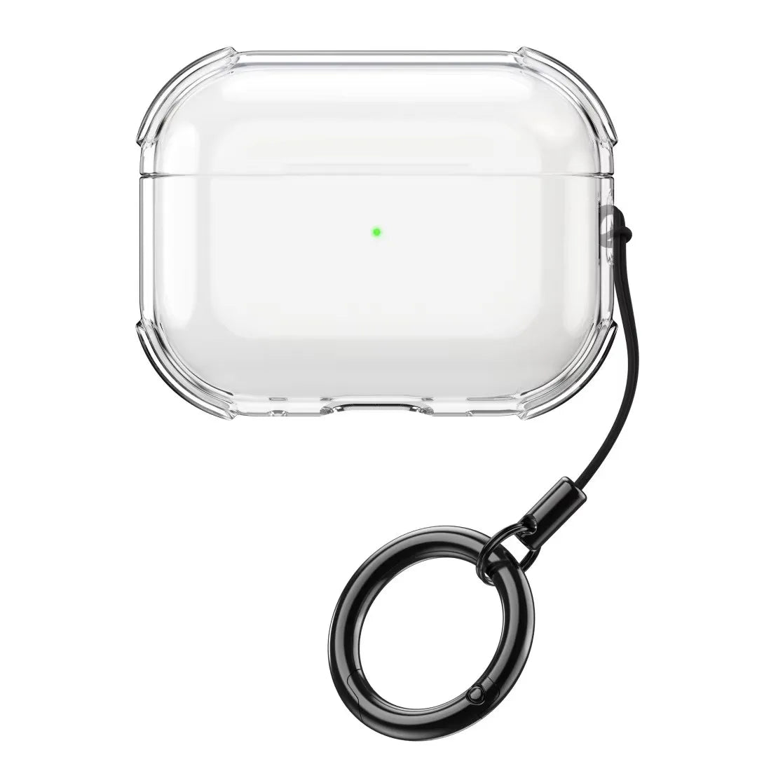 Clear, shock-resistant protective case for AirPods Pro with a detachable black ring keychain.