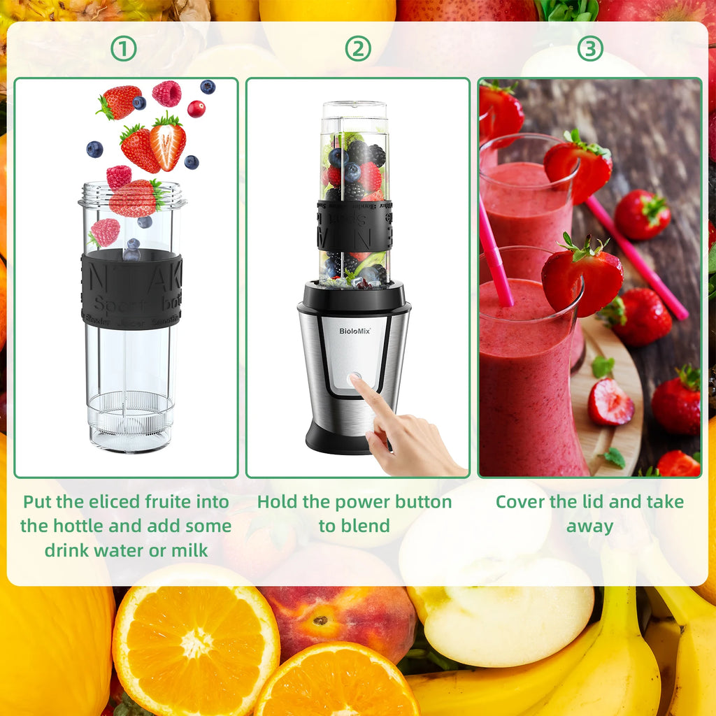 Three-step guide for a silver portable electric blender showing fruit, blending action, and ready-to-drink smoothies.