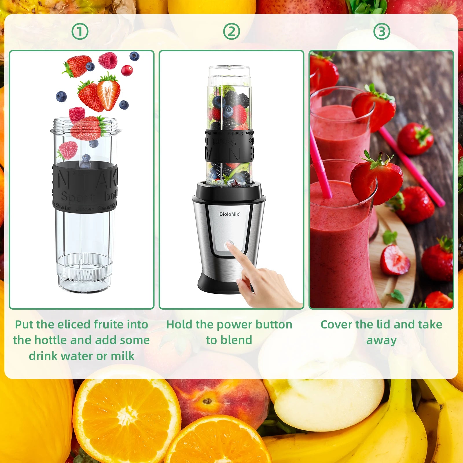 Three-step guide for a silver portable electric blender showing fruit, blending action, and ready-to-drink smoothies.