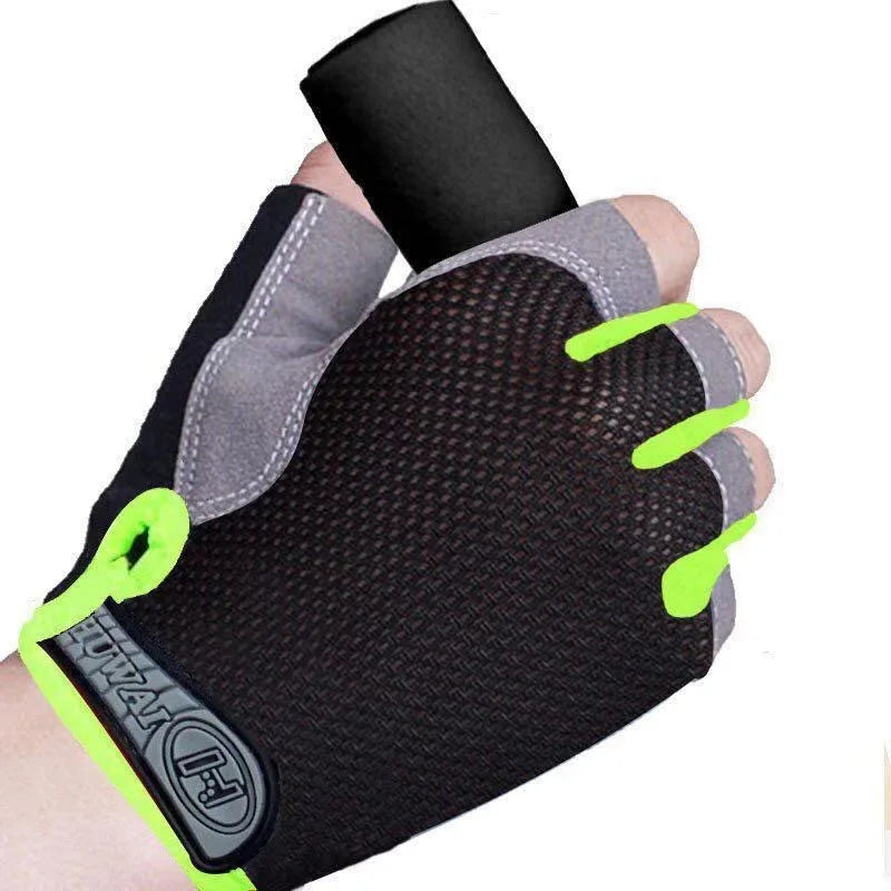 Fingerless cycling gloves in black and grey mesh with neon yellow trim and a branded wrist strap.