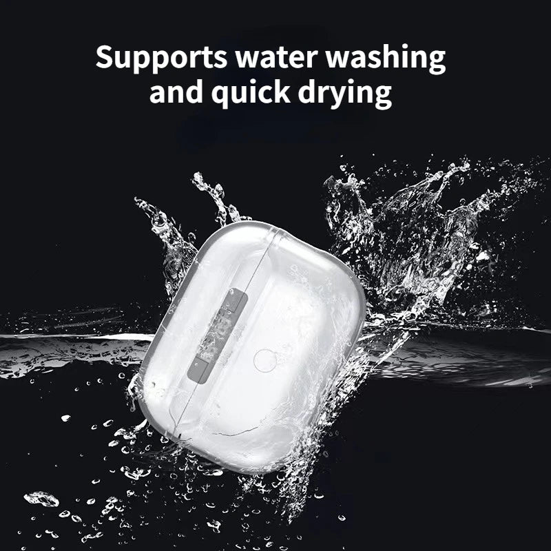 Clear, washable silicone case for AirPods Pro, shown with water splashing. Water-resistant and quick-drying design.