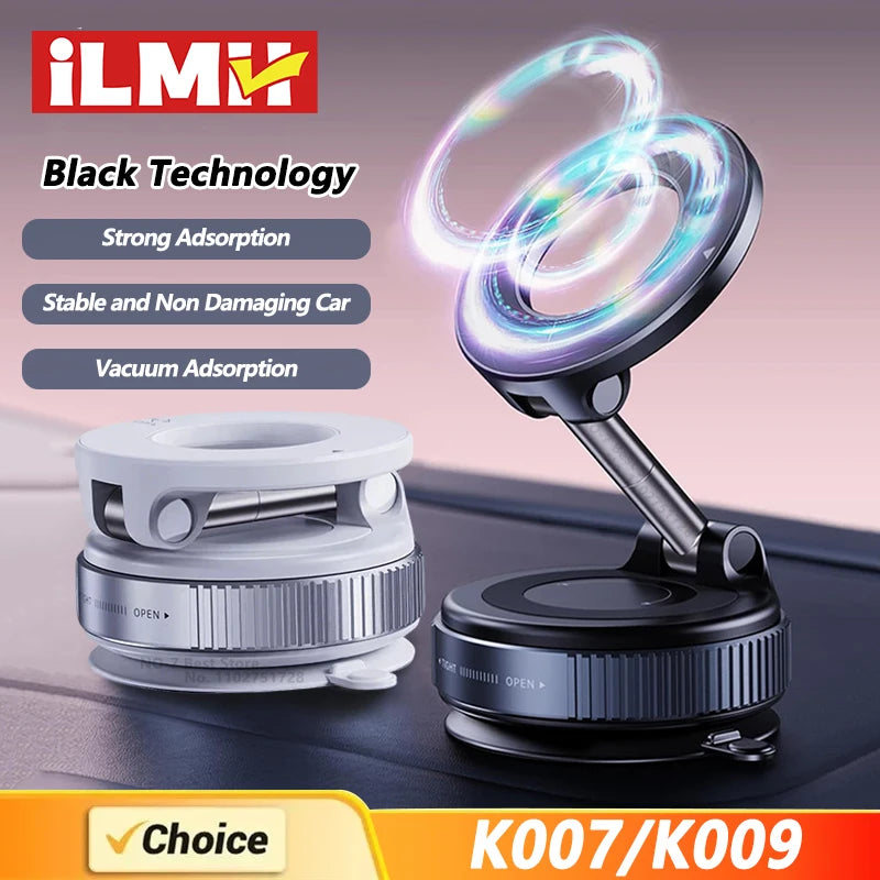 Adjustable black and white magnetic car phone mounts with vacuum suction bases and glowing circular ring designs.