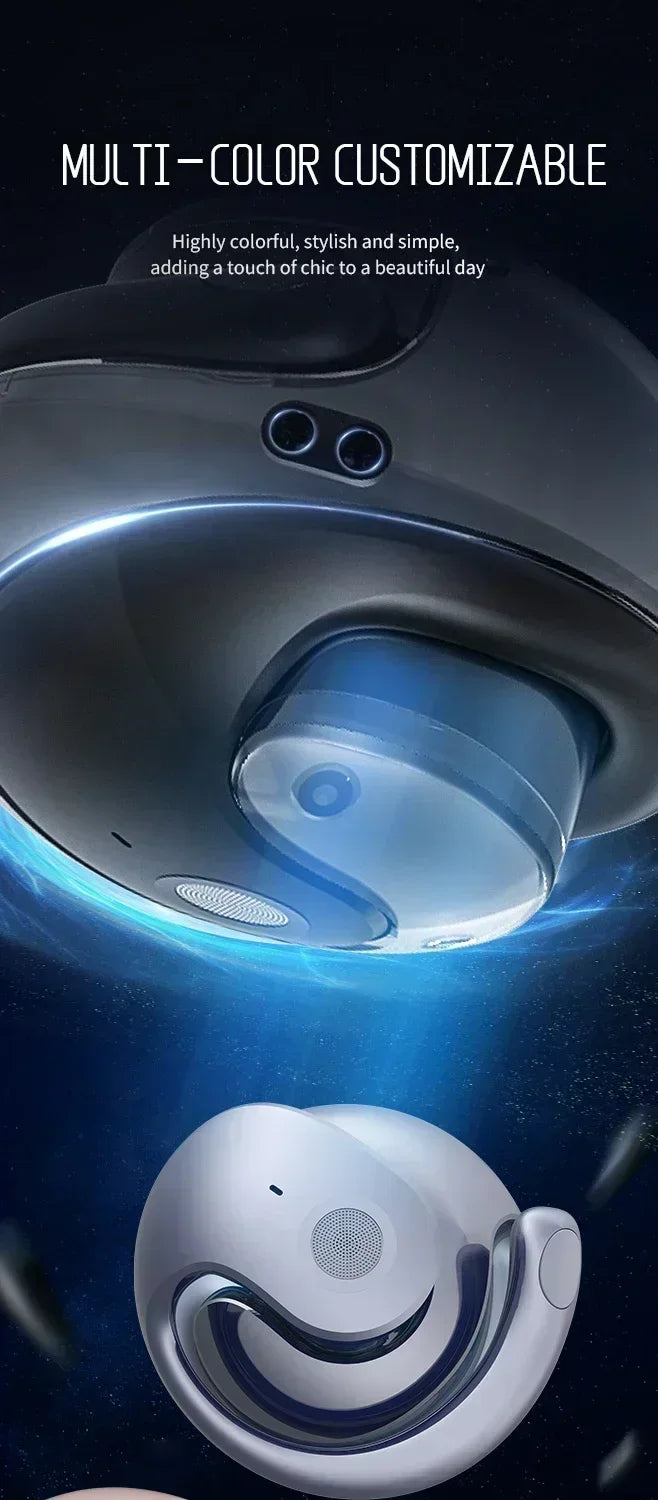 Sleek, futuristic wireless earbuds with a unique, curved yin-yang design in metallic silver and blue.