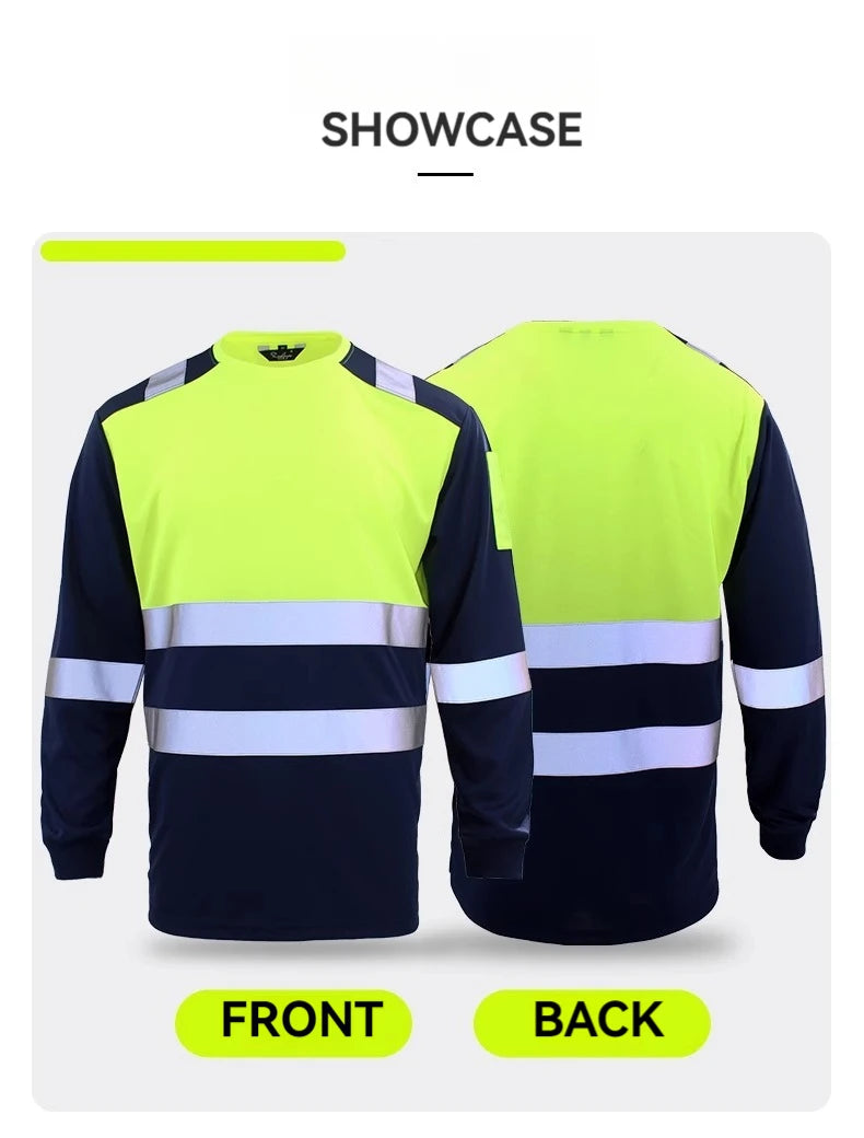 Men's long-sleeve hi-vis work shirt in yellow and navy with silver reflective stripes on the chest and arms.