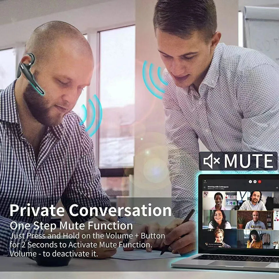 Black wireless Bluetooth earpiece with a boom microphone, shown being used in an office setting for video calls.