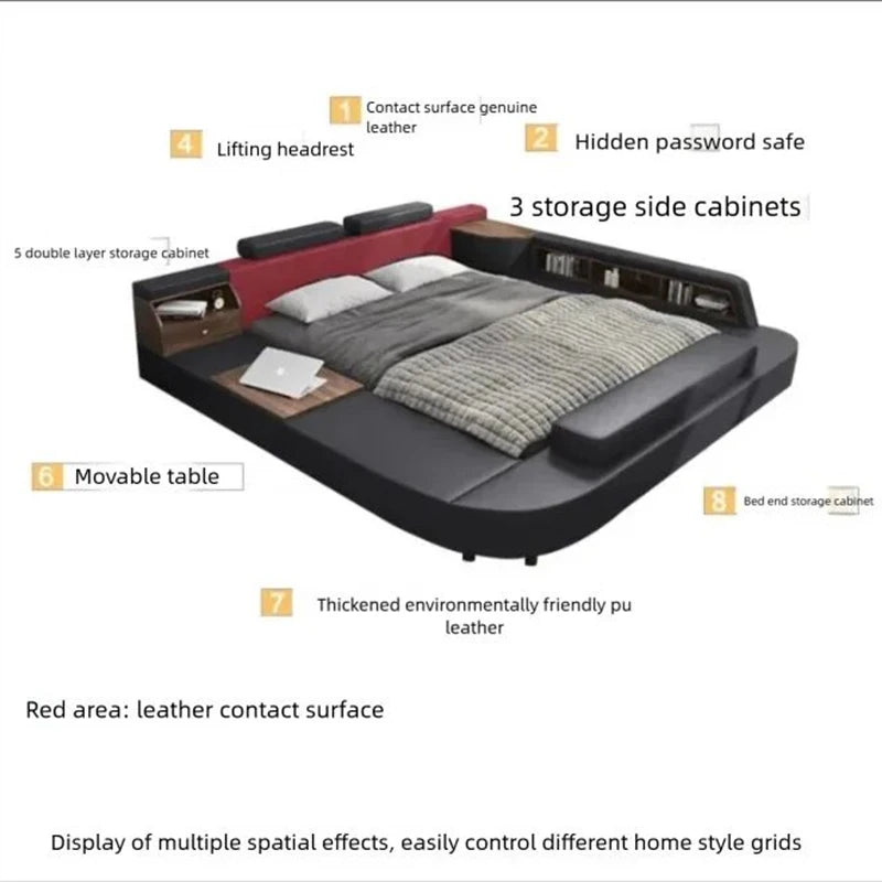 Modern black and red leather bed with adjustable headrests, integrated storage, side cabinets, and a built-in safe.