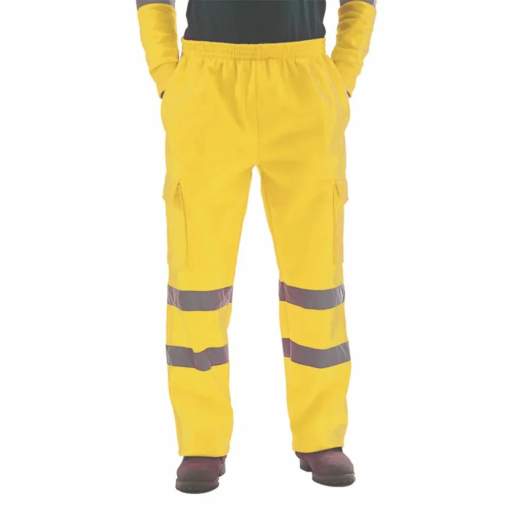 Men's yellow hi-vis work joggers with side cargo pockets and double reflective strips around the lower legs.