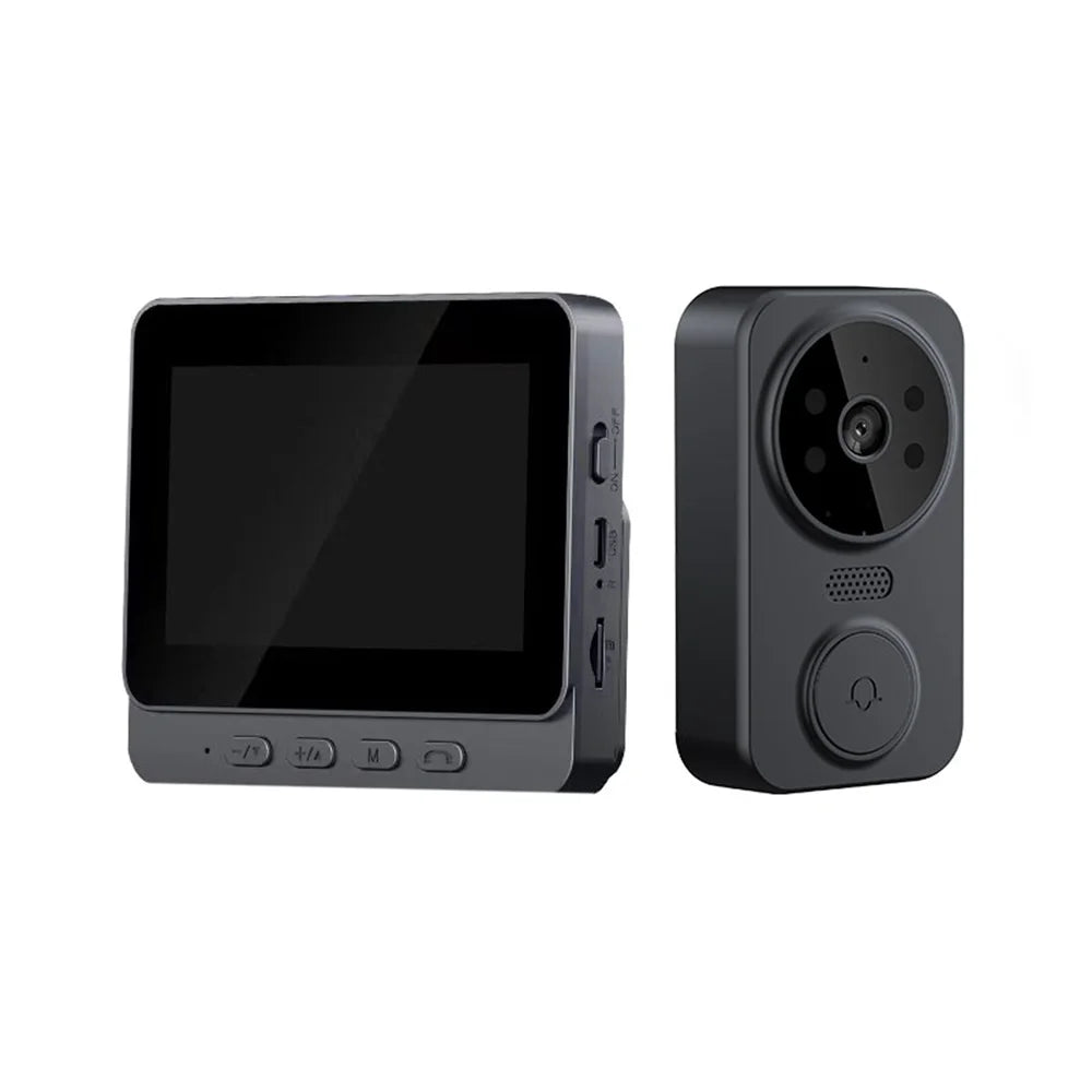Matte black wireless video doorbell system featuring a sleek indoor display screen and a compact door-mounted camera.