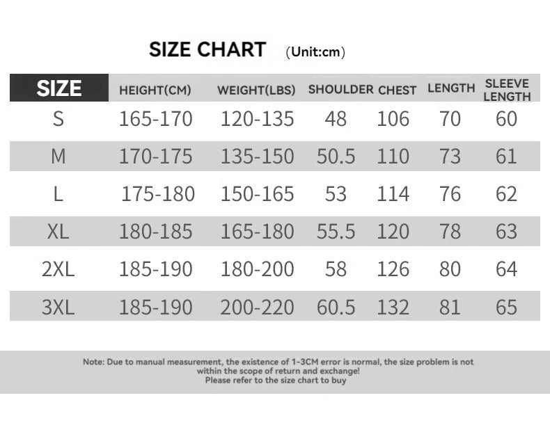 Sizing chart for men's long-sleeve hi-vis workwear shirt, listing measurements in cm for sizes small to 3XL.