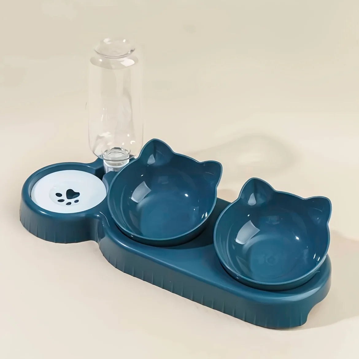 Dark blue 3-in-1 pet feeding station with two cat-shaped bowls and a gravity water dispenser.