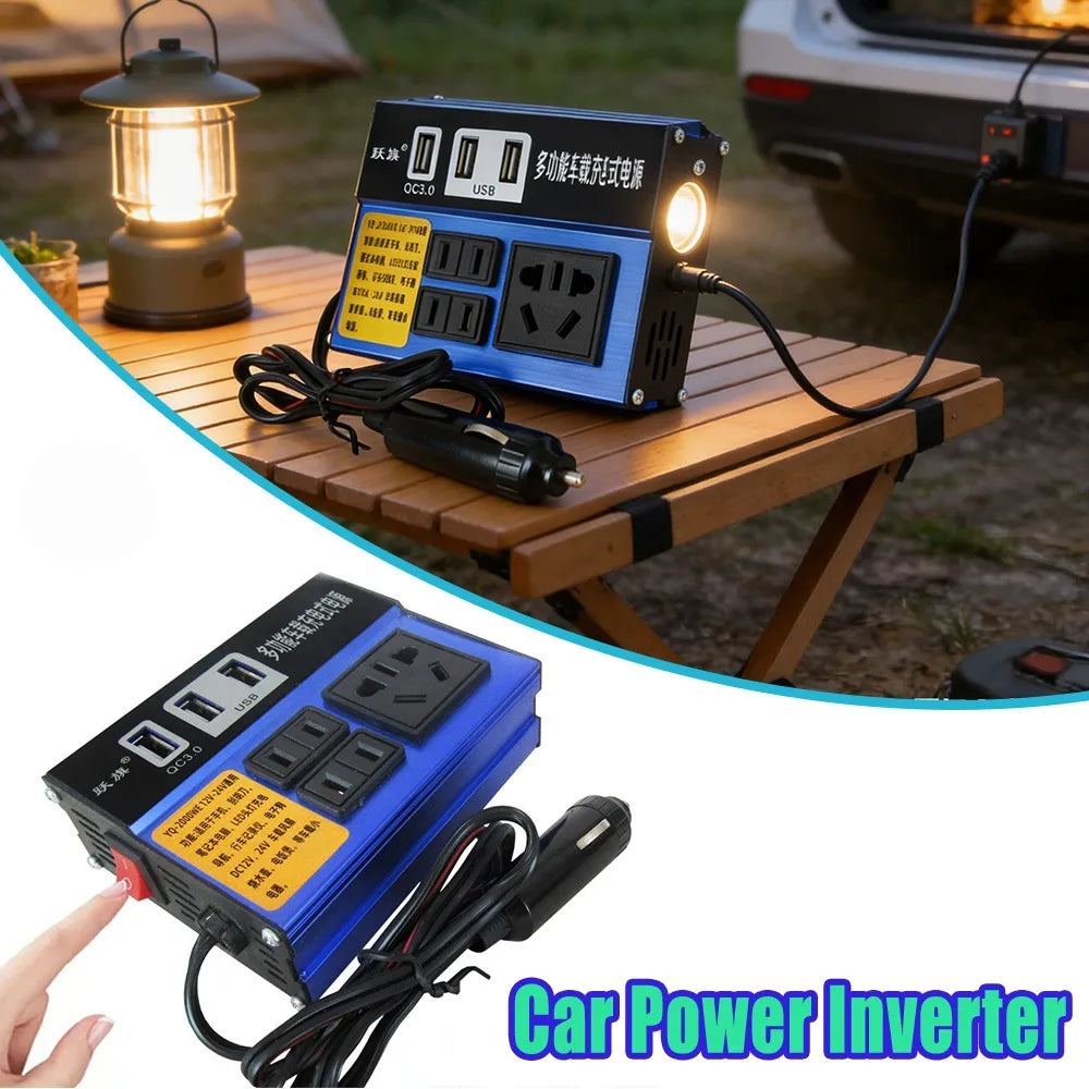 Blue 2000W car power inverter with multiple AC sockets, USB ports and built-in LED light, powered via a cigarette plug.