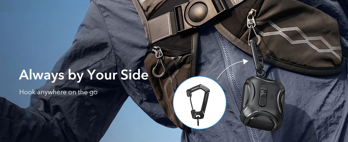 Black rugged, shock-absorbent protective AirPod case with secure carabiner clip attached to a sports vest.
