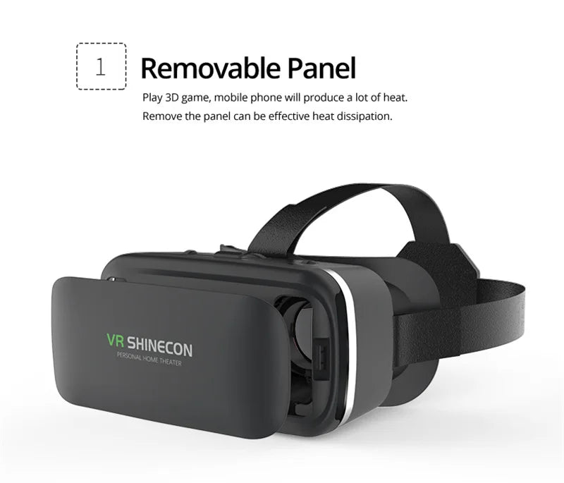 Black VR headset for smartphones featuring a removable front panel for improved heat dissipation during use.