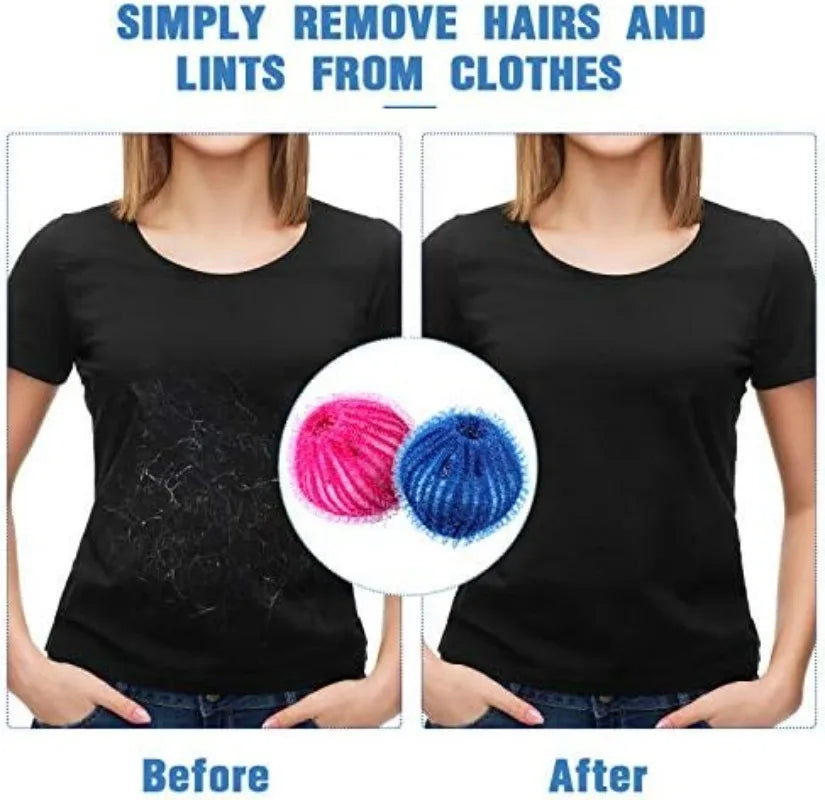 Before and after comparison of a black t-shirt cleaned of lint using pink and blue laundry hair-removal balls.
