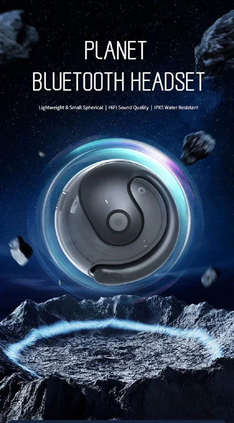 A small, spherical, grey Bluetooth headset with a modern, minimalist design, centered against a cosmic space background.