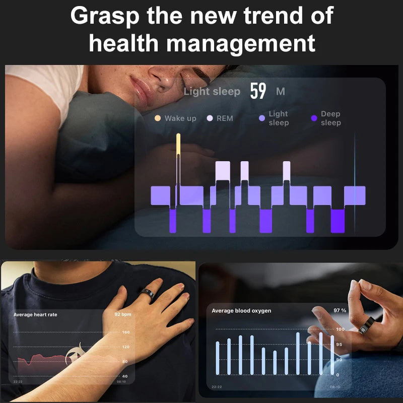Black smart fitness ring with touch display, showing sleep, heart rate, and blood oxygen tracking graphs on a screen.