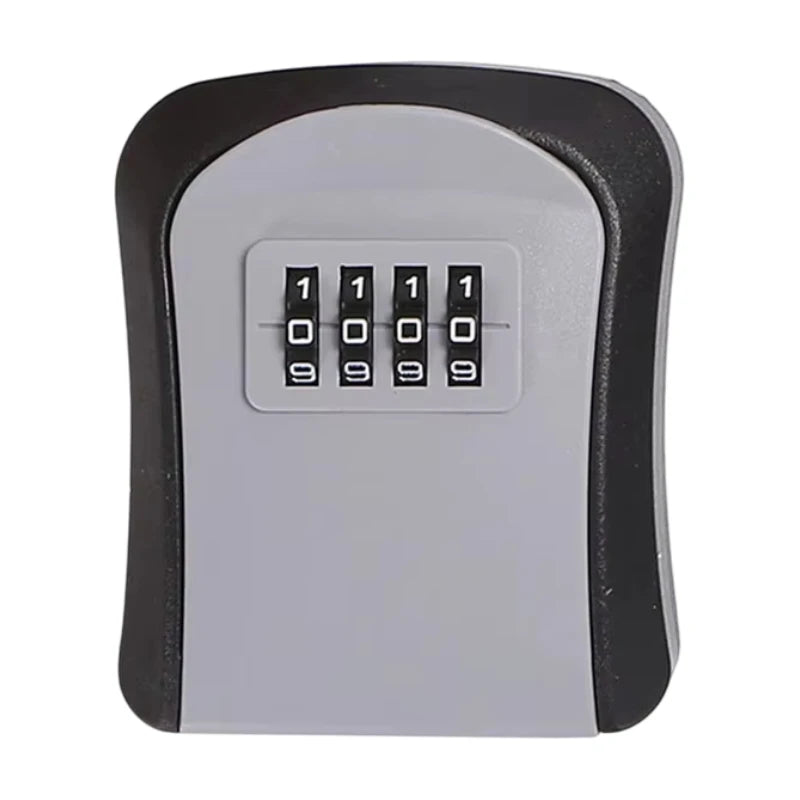 Gray and black plastic wall-mounted key lock box with a four-digit resettable combination dial.