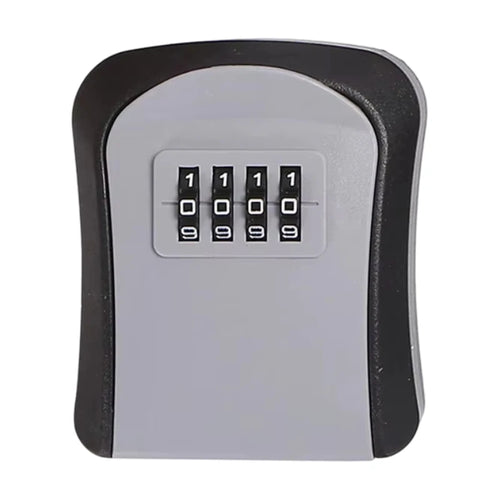 Gray and black plastic wall-mounted key lock box with a four-digit resettable combination dial.