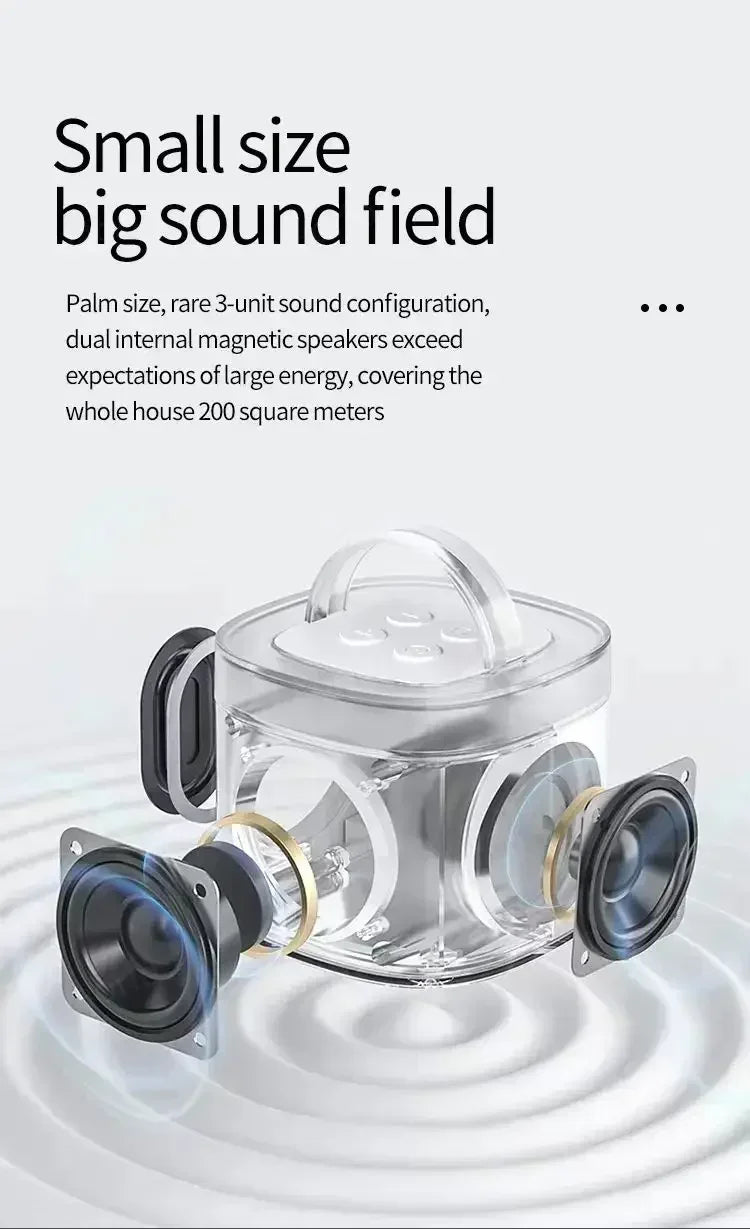 A transparent, portable wireless speaker with an exploded view showing its internal magnetic speaker units.