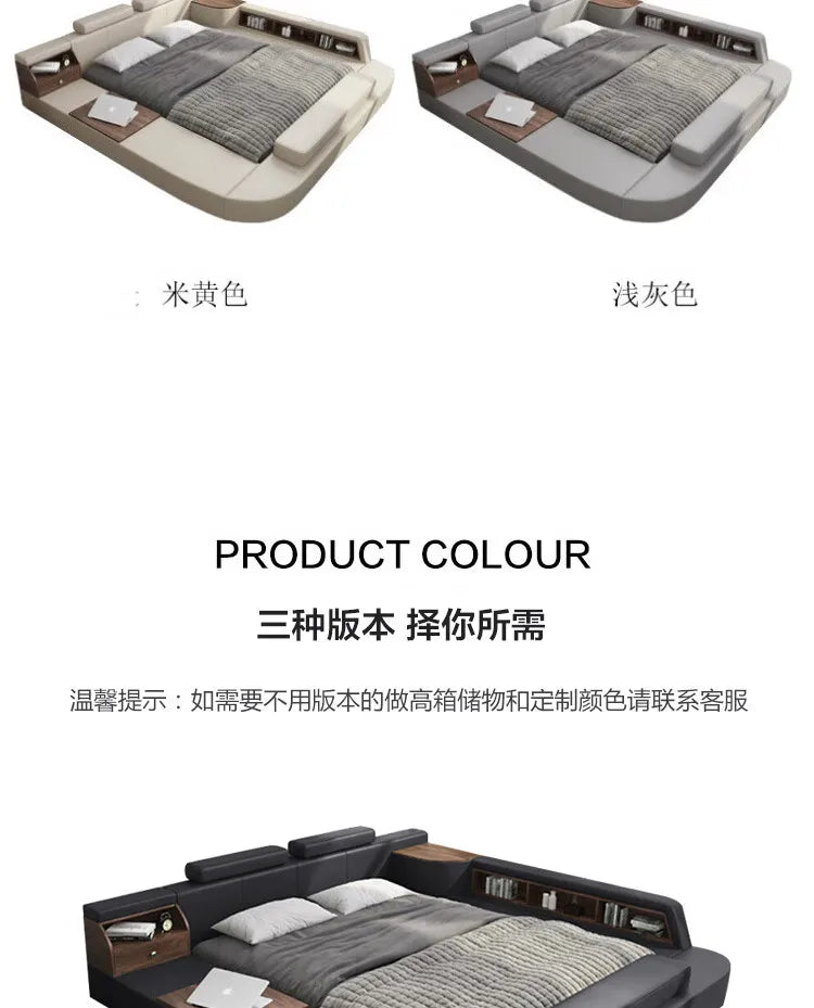 Modern luxury upholstered beds in beige, light grey, and black, featuring integrated headboard shelving and side tables.