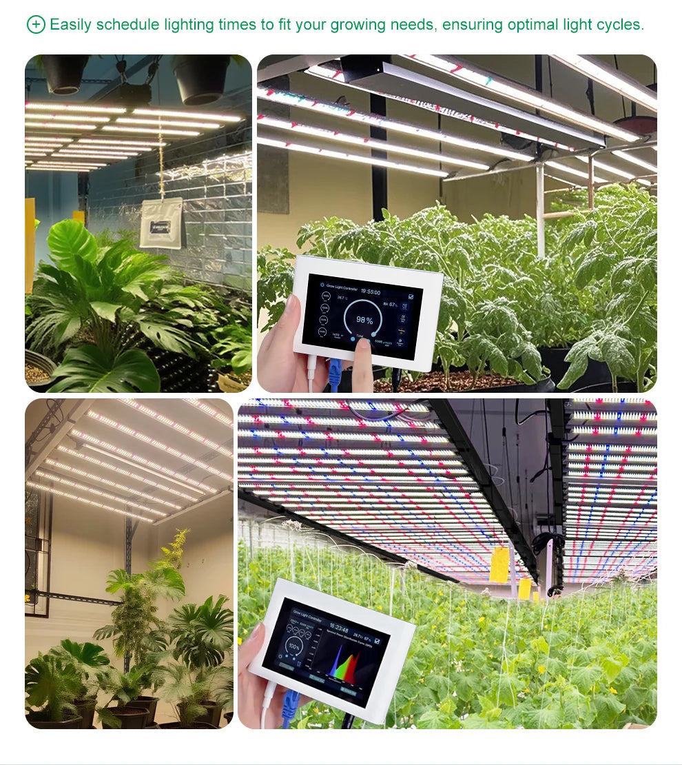 A white 4.3-inch touch screen smart grow light controller held by a hand, shown with various LED plant light setups.