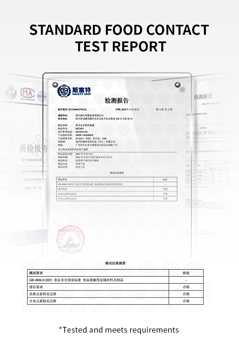 Standard food contact test report document printed in black text on white paper with a summary table.