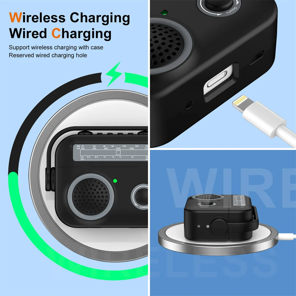 Black silicone AirPod case designed like a vintage radio. Supports wireless and wired charging.