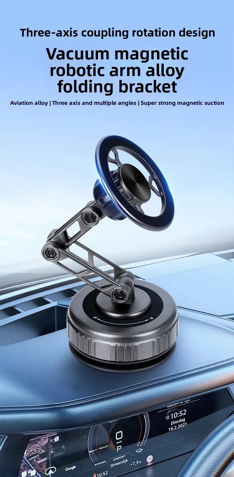 Grey, metallic, three-axis folding magnetic phone holder mounted on a car dashboard.