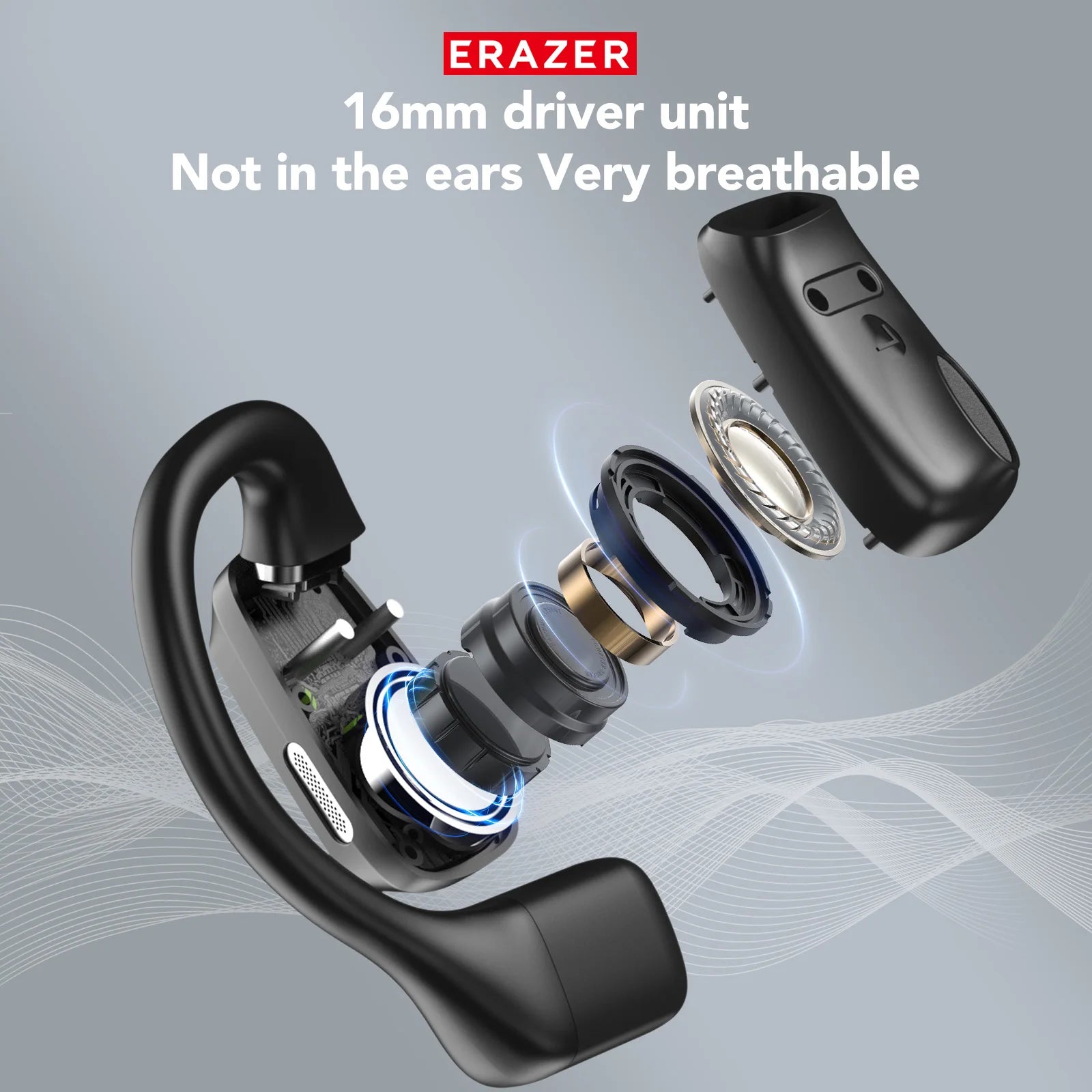 Exploded view of a black, open-ear wireless headphone showing internal 16mm driver components.