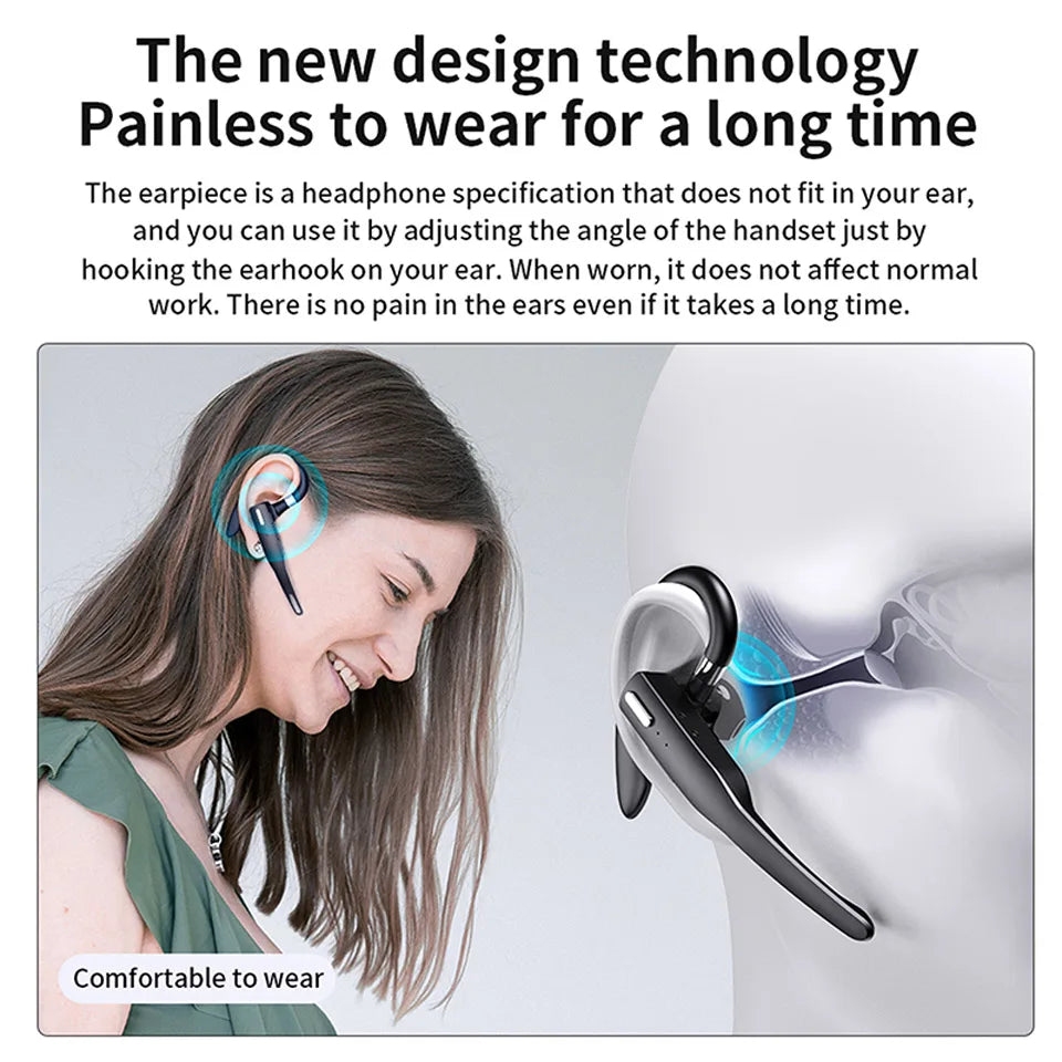 Black wireless ear-hook headphones being worn for a comfortable, secure fit.