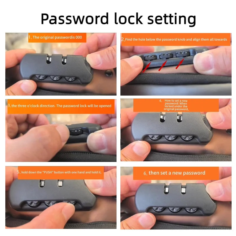 A six-step guide showing how to set the combination lock on a men's black anti-theft sling bag.
