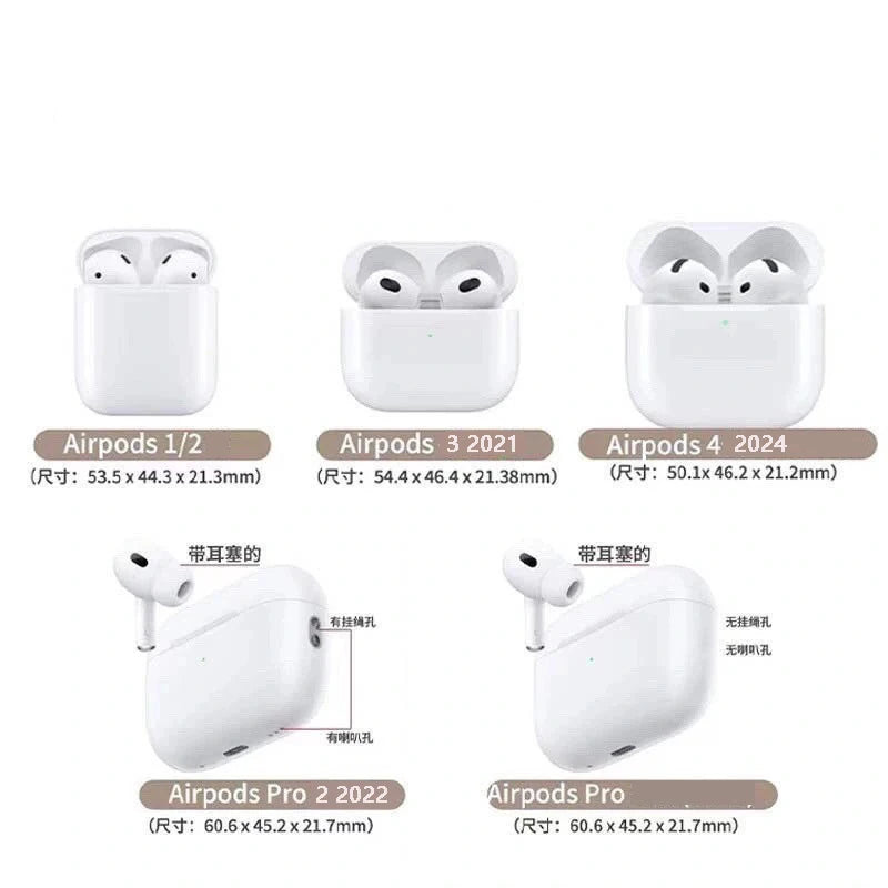 White silicone protective cases for AirPods 1/2, 3, 4, and Pro models, showing compatibility and port designs.