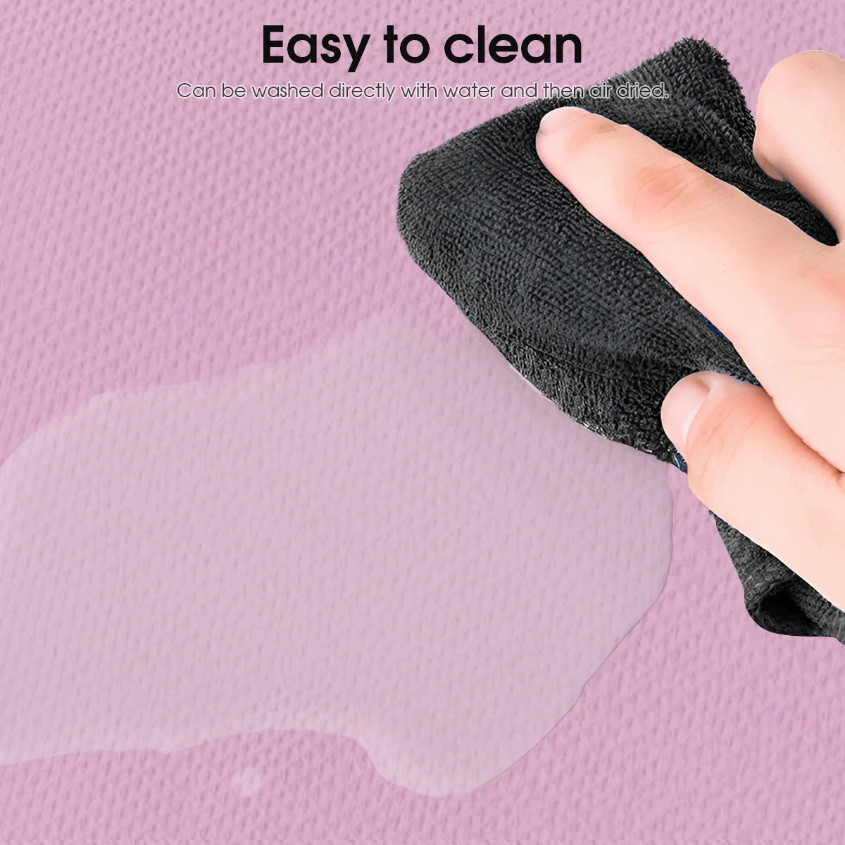 A hand uses a black cloth to wipe water off a textured pink surface. Text reads: "Easy to clean".