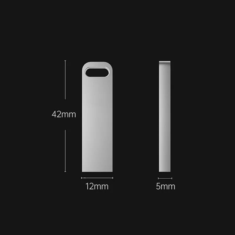 Slim silver metal USB flash drive with dimensions shown, featuring a convenient integrated keyring hole.