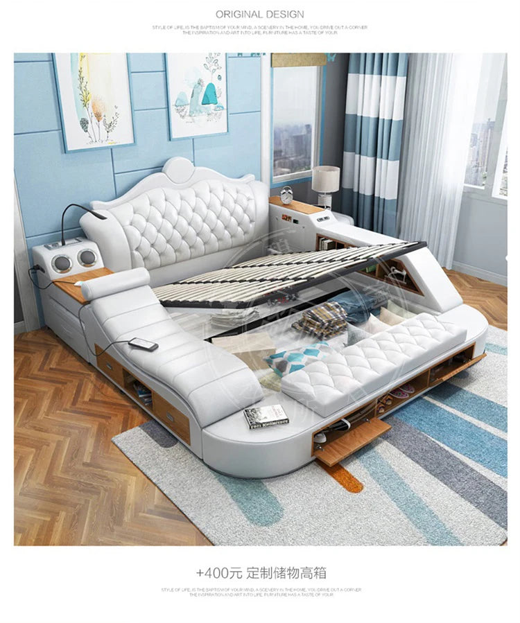 Modern white double bed with tufted headboard, integrated storage drawers, side shelving, and a lift-up slatted base.