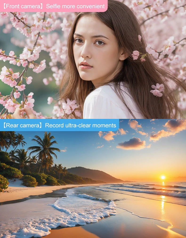 Split screen showing a portrait of a woman among cherry blossoms and a sunset beach scene captured by a camera.