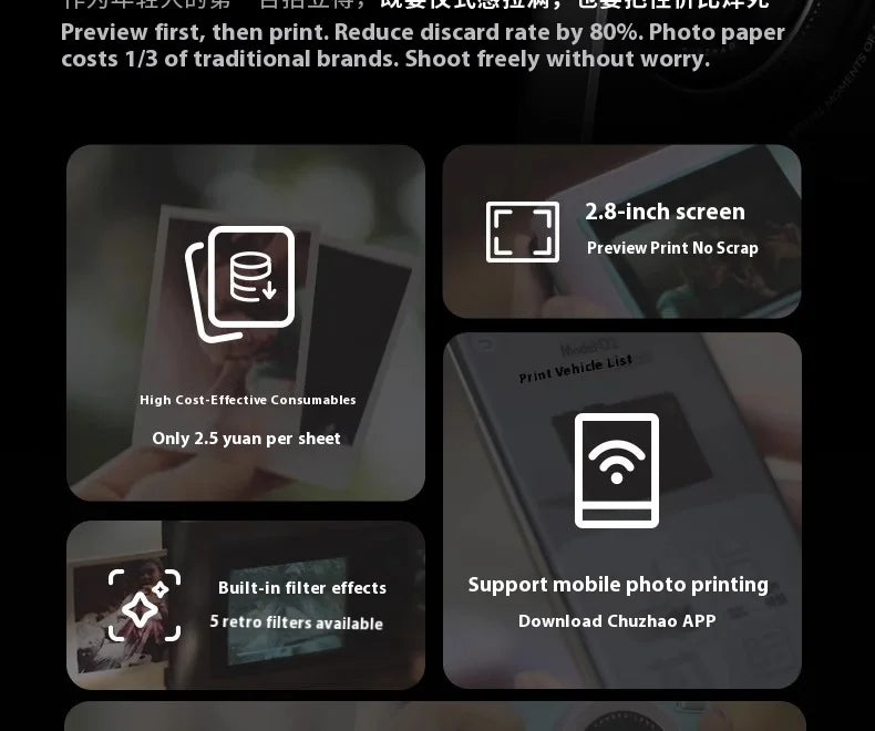 Infographic showing instant camera features: 2.8-inch preview screen, mobile app printing, filters, and low-cost paper.
