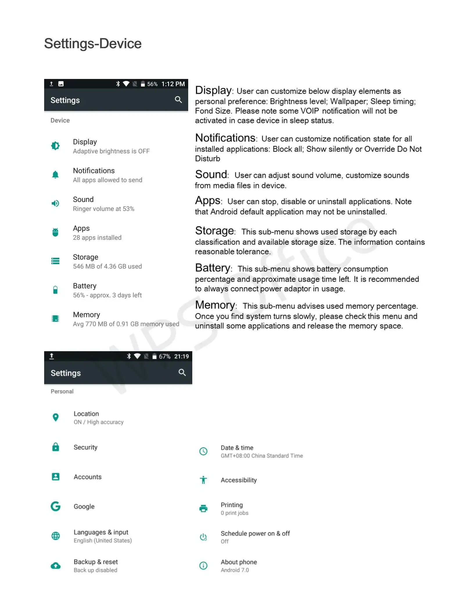 Smartphone settings menu screenshots showing device and personal options, including display, storage, and battery controls.