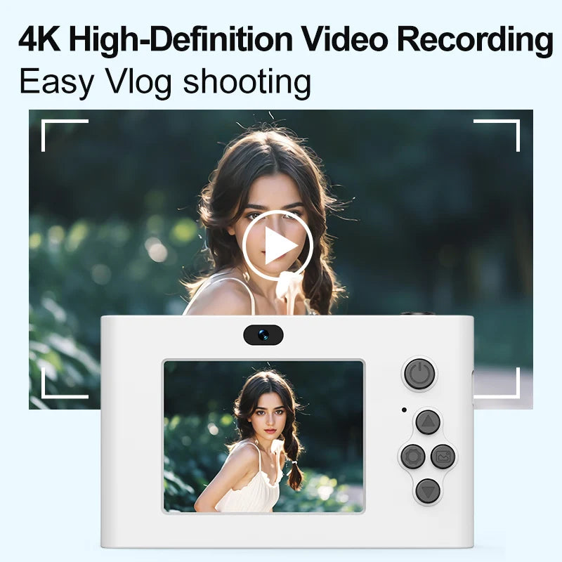 White plastic digital vlogging camera with a rear LCD screen and physical control buttons.