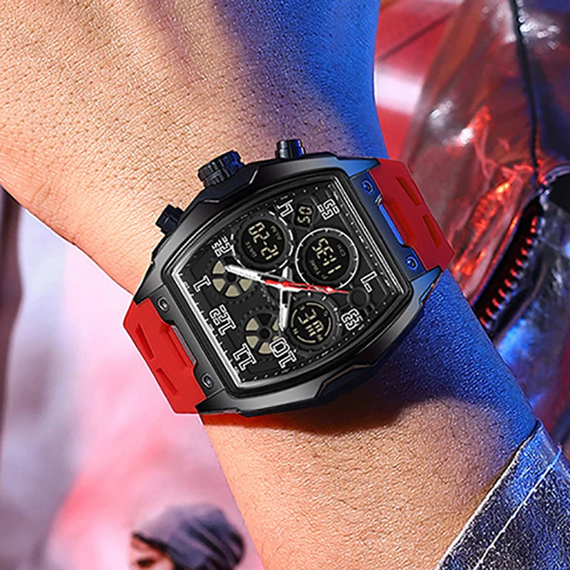 Men's dual-display sports watch with a black tonneau case, black digital-analog dial, and red silicone strap.